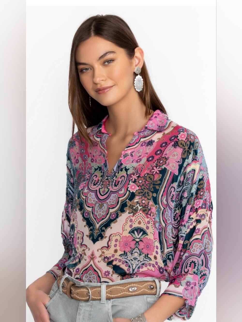 Johnny Was MARLOW BURNOUT Rayon/Silk Blend BLOUSE Small